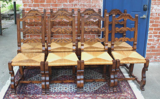 Set of 8 French Antique Oak Dining Chairs | Renaissance Style Rush Seats