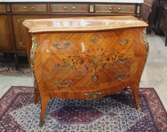 French Antique Bombay Inlaid Marble Top Chest | Dresser w/3 Drawers