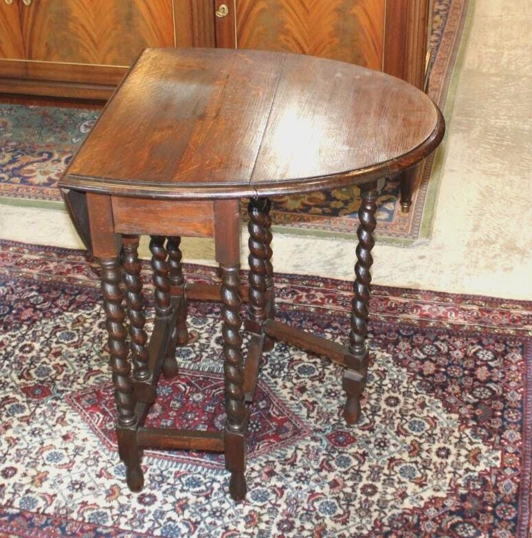 English Antique Jacobean Oak Drop Leaf Table | Barley Twist Legs | Small Size