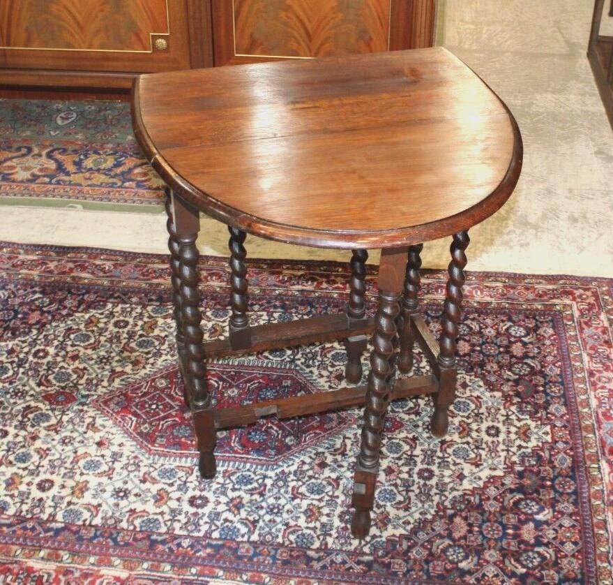 English Antique Jacobean Oak Drop Leaf Table | Barley Twist Legs | Small Size