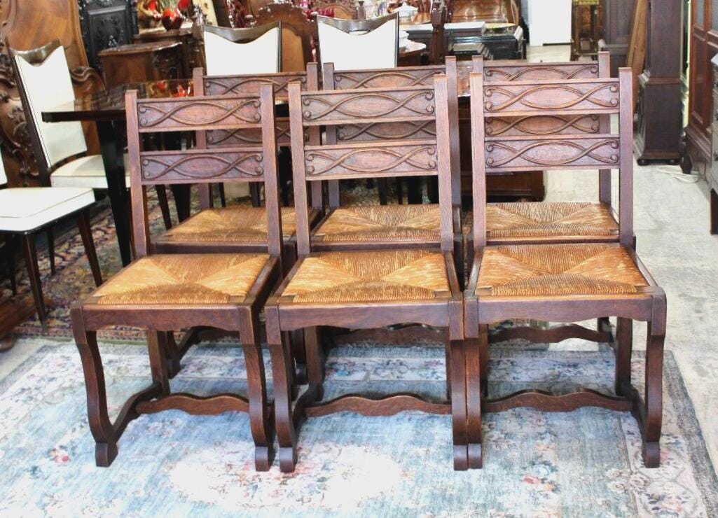 Set of 6 French Antique Renaissance Oak Wood Rush Seat Dining Chairs Sturdy