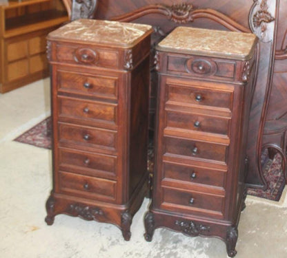 Pair of French Antique Louis XV Rosewood Nightstands w/ Marble Tops