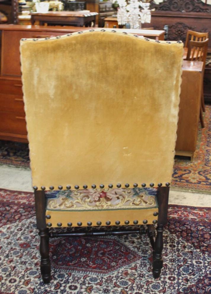 French Antique Oak Renaissance Needlepoint Armchair | Dated 1957