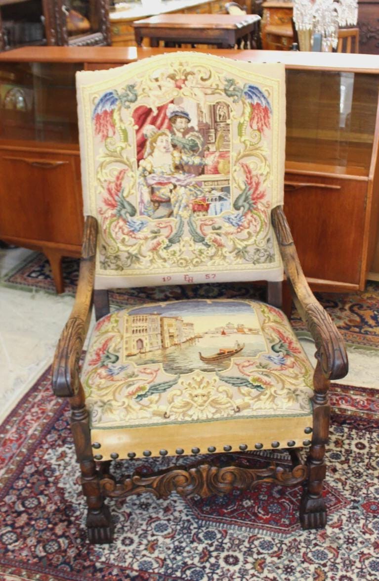 French Antique Oak Renaissance Needlepoint Armchair | Dated 1957