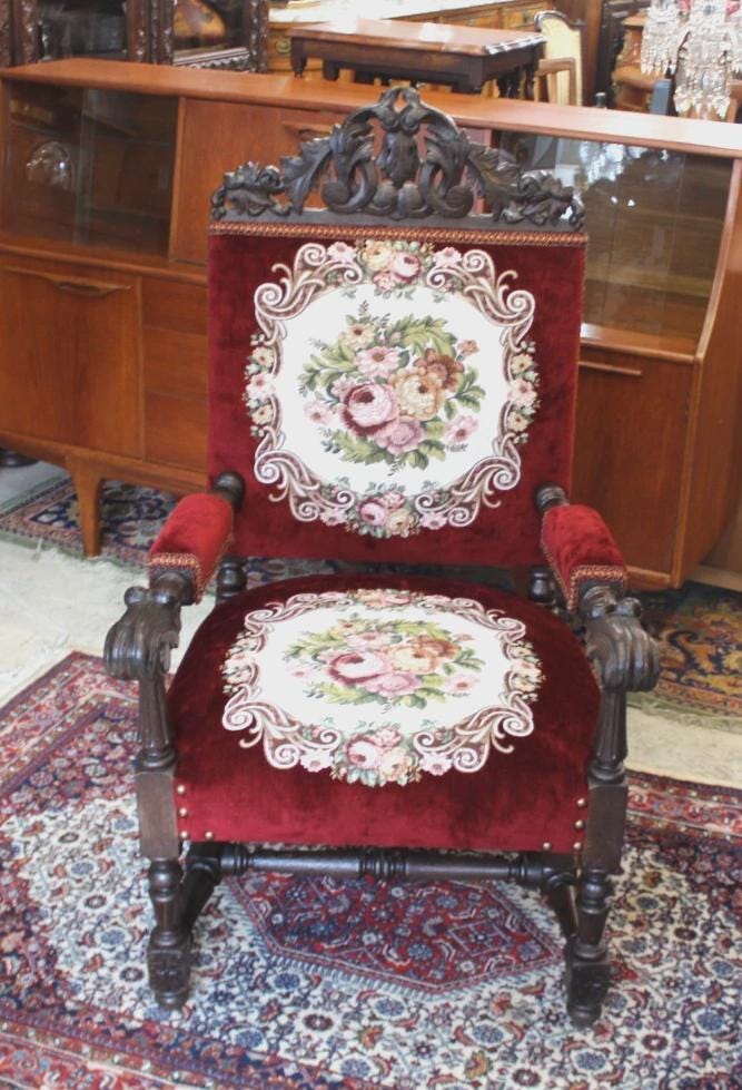 French Antique Oak Renaissance Armchair | New Red Upholstery