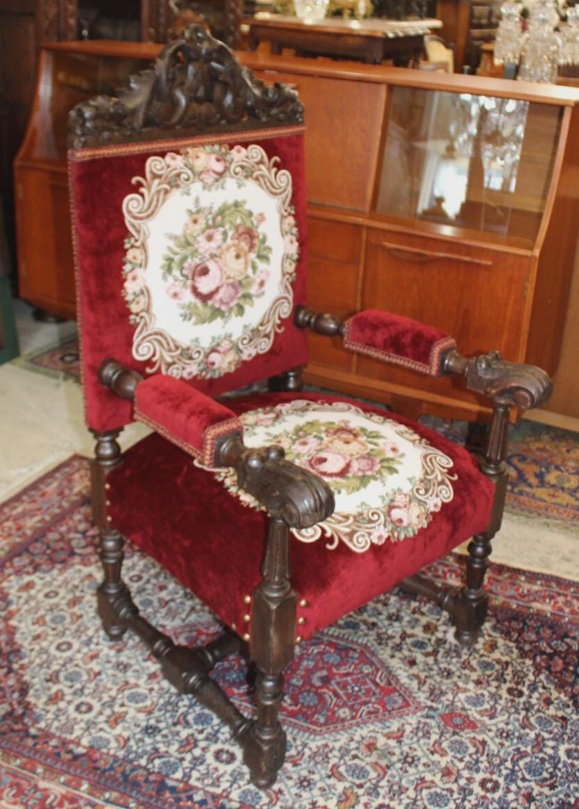 French Antique Oak Renaissance Armchair | New Red Upholstery