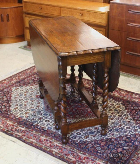 English Antique Jacobean Oak Crusted Edge Drop Leaf Table | Barley Twist Legs