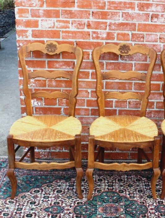 Set of 2 French Louis XV Antique Oak Dining Chairs with Rush Seats