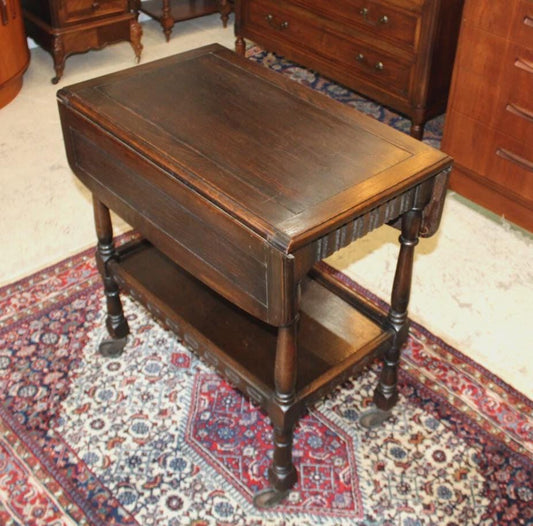 English Antique Edwardian Oak Drop Leaf Tea Cart Table