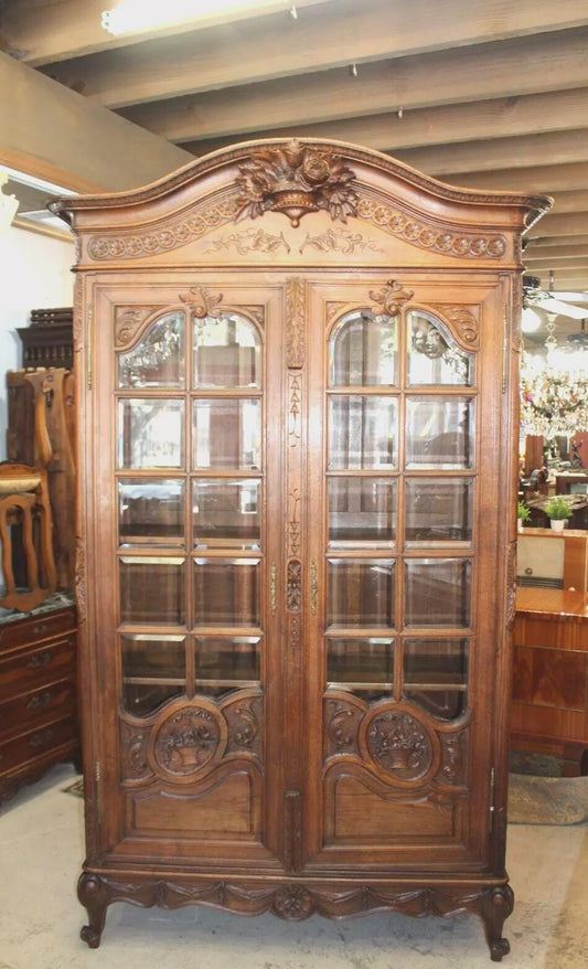 French Antique Normandy Oak Louis XV 2 Door Armoire Bookcase / Display Cabinet