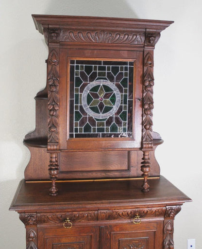 French Antique Oak Renaissance Stained Glass Buffet Cabinet Circa 1880