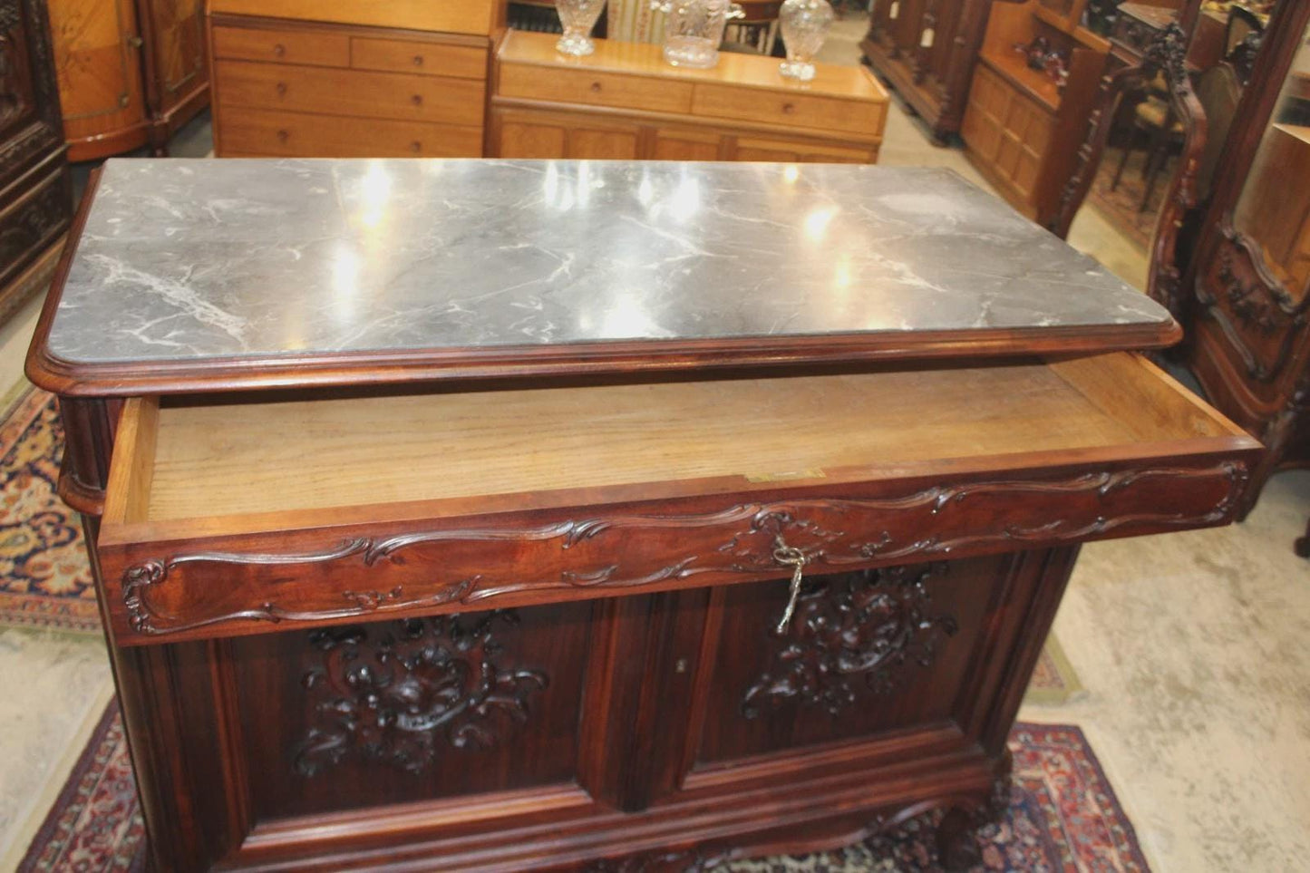 French Louis XV Walnut Chest Of Drawer / Cabinet Marble Top Dresser