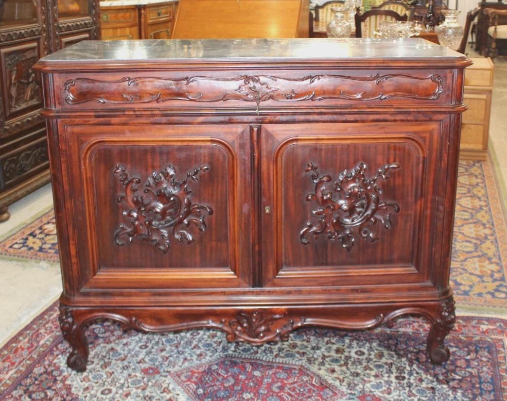French Louis XV Walnut Chest Of Drawer / Cabinet Marble Top Dresser