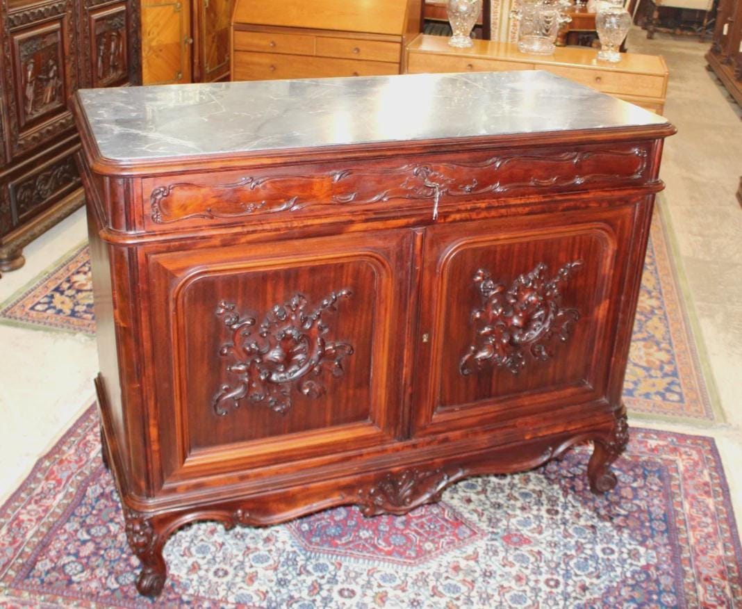 French Louis XV Walnut Chest Of Drawer / Cabinet Marble Top Dresser