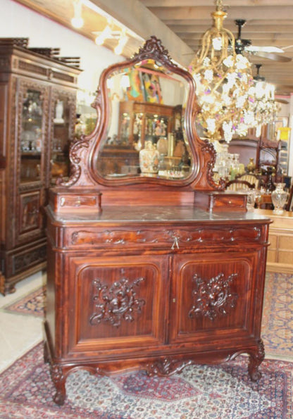 French Louis XV Mahogany Marble Top Dresser / Chest Of Drawer Cabinet