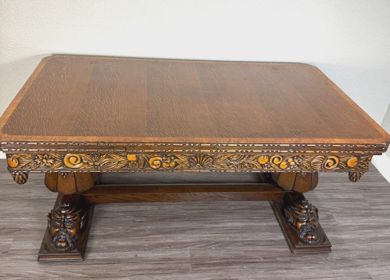 French Antique Art Deco Tiger Oak Draw Leaf Dining Table | Hand-Carved Faces