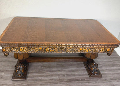 French Antique Art Deco Tiger Oak Draw Leaf Dining Table | Hand-Carved Faces