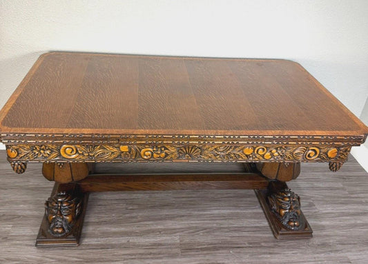 French Antique Art Deco Tiger Oak Draw Leaf Dining Table | Hand-Carved Faces