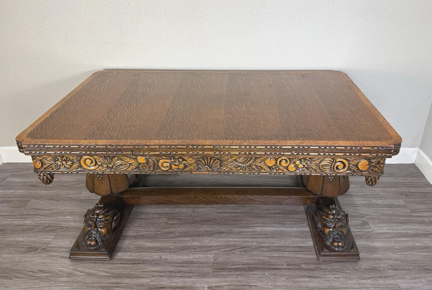 French Antique Art Deco Tiger Oak Draw Leaf Dining Table | Hand-Carved Faces