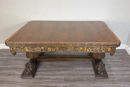 French Antique Art Deco Tiger Oak Draw Leaf Dining Table | Hand-Carved Faces