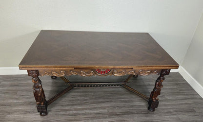 French Antique Brittany Oak Draw Leaf Dining Table | Carved Expandable Table