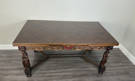 French Antique Brittany Oak Draw Leaf Dining Table | Carved Expandable Table