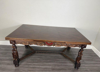 French Antique Brittany Oak Draw Leaf Dining Table | Carved Expandable Table