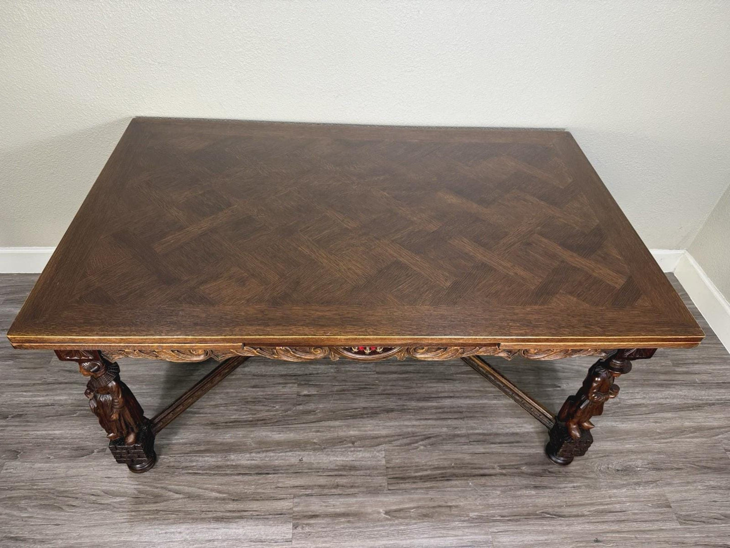 French Antique Brittany Oak Draw Leaf Dining Table | Carved Expandable Table