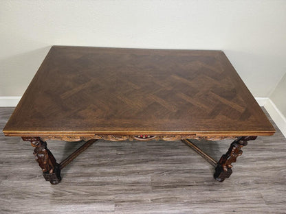 French Antique Brittany Oak Draw Leaf Dining Table | Carved Expandable Table