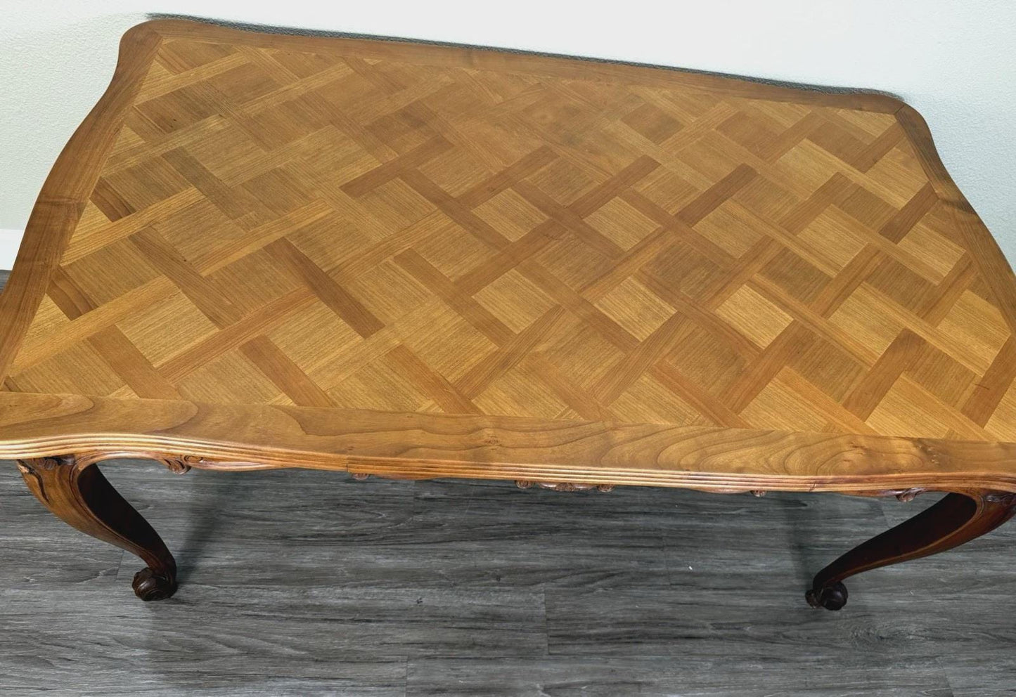 French Antique Louis XV Walnut Dining Table Carved & Parquet Top