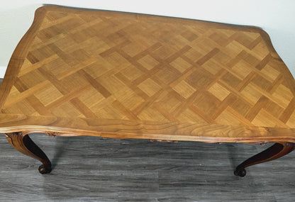 French Antique Louis XV Walnut Dining Table Carved & Parquet Top
