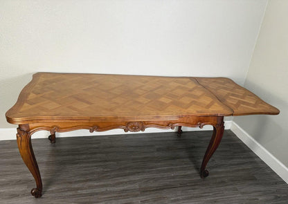 French Antique Louis XV Walnut Dining Table Carved & Parquet Top