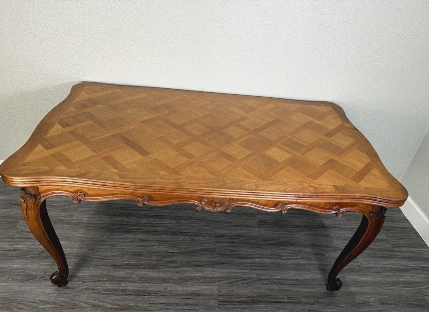 French Antique Louis XV Walnut Dining Table Carved & Parquet Top