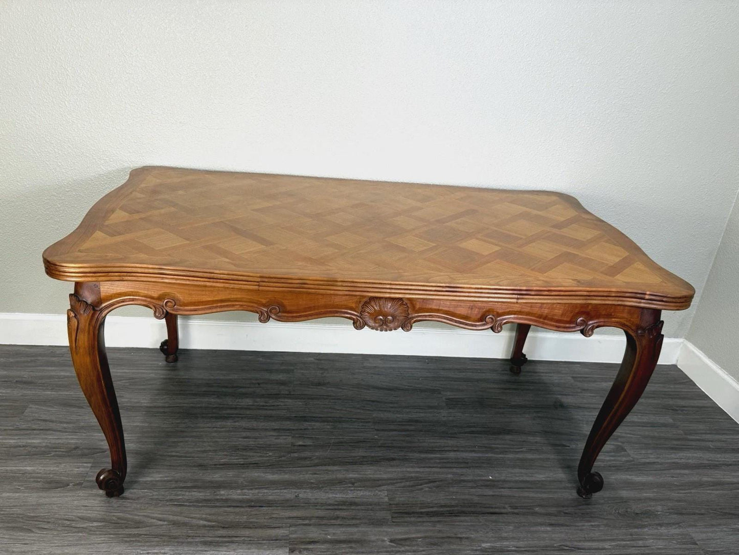 French Antique Louis XV Walnut Dining Table Carved & Parquet Top
