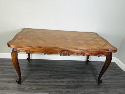 French Antique Louis XV Walnut Dining Table Carved & Parquet Top