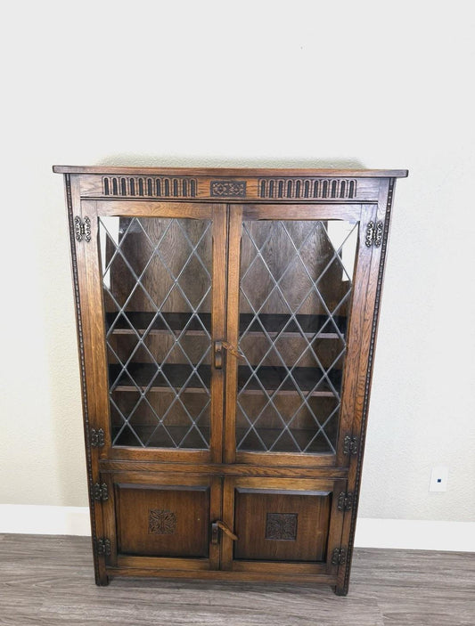English Antique Oak Leaded Glass Bookcase / Display Cabinet