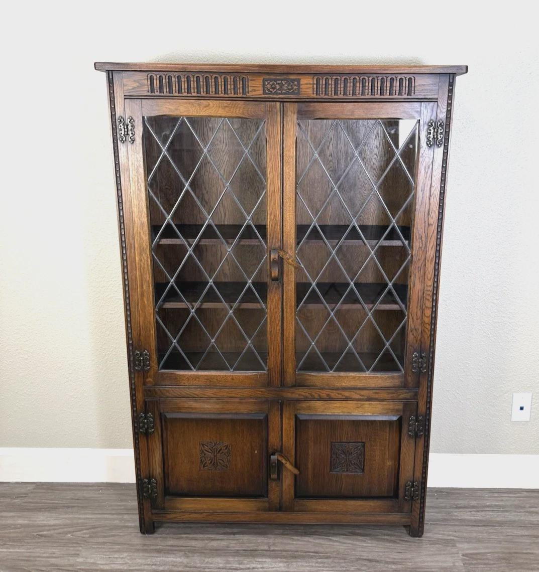 English Antique Oak Leaded Glass Bookcase / Display Cabinet