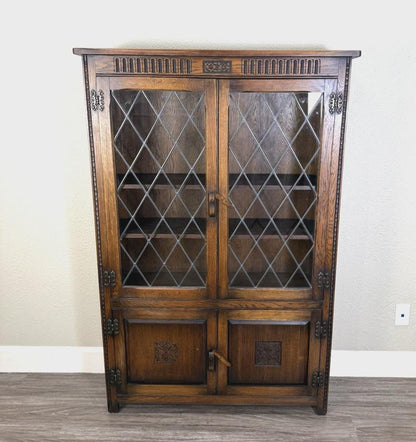English Antique Oak Leaded Glass Bookcase / Display Cabinet