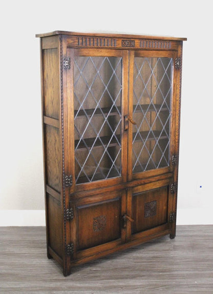 English Antique Oak Leaded Glass Bookcase / Display Cabinet