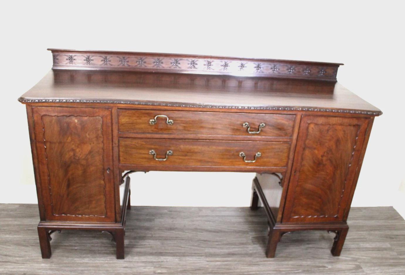 English Antique Mahogany Chippendale Sideboard Buffet Bar Cabinet w/ Key Ornate