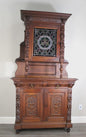 French Antique Oak Renaissance Stained Glass Buffet Cabinet Circa 1880