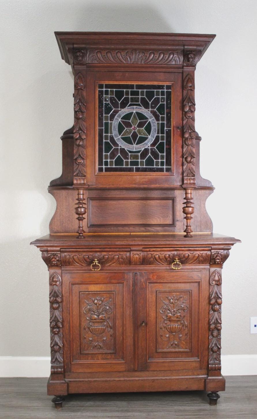 French Antique Oak Renaissance Stained Glass Buffet Cabinet Circa 1880