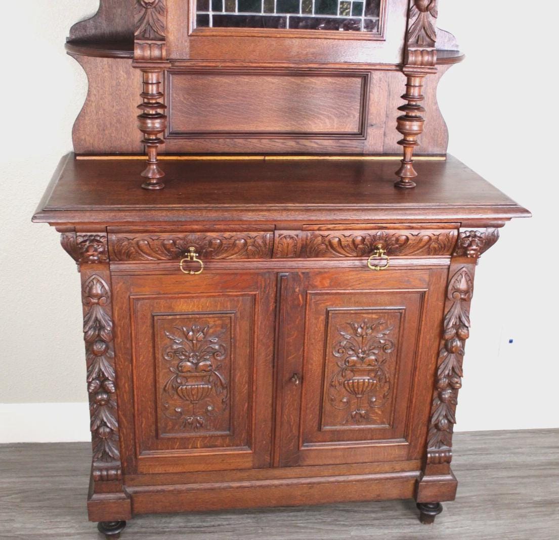 French Antique Oak Renaissance Stained Glass Buffet Cabinet Circa 1880
