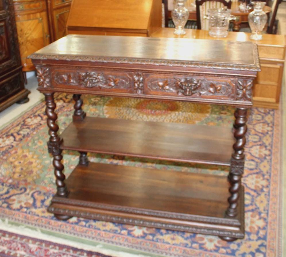 French Antique Oak Renaissance Server | Carved Sideboard Cabinet c. 19th Century