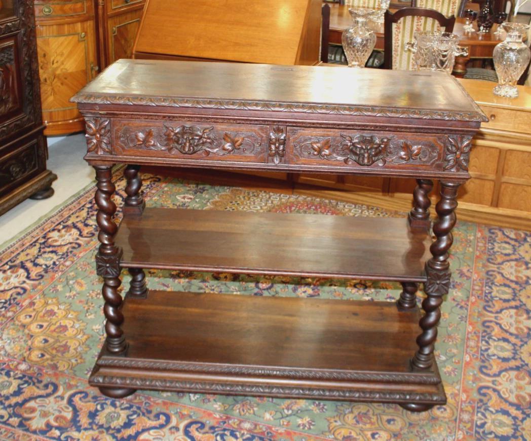 French Antique Oak Renaissance Server | Carved Sideboard Cabinet c. 19th Century