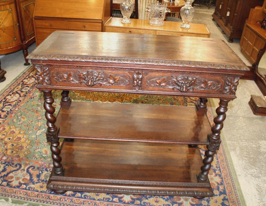 French Antique Oak Renaissance Server | Carved Sideboard Cabinet c. 19th Century