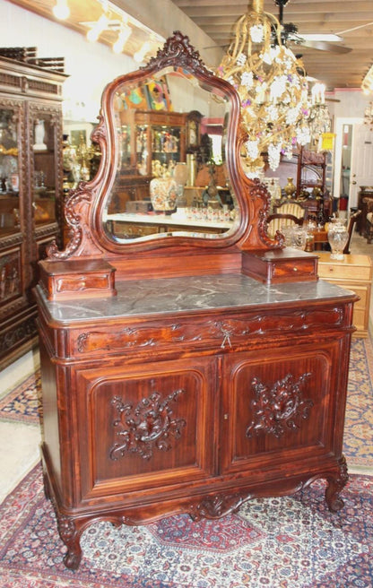 French Louis XV Mahogany Marble Top Dresser / Chest Of Drawer Cabinet