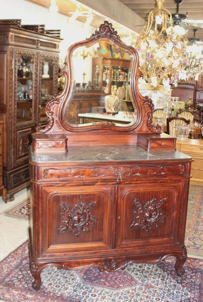 French Louis XV Mahogany Marble Top Dresser / Chest Of Drawer Cabinet