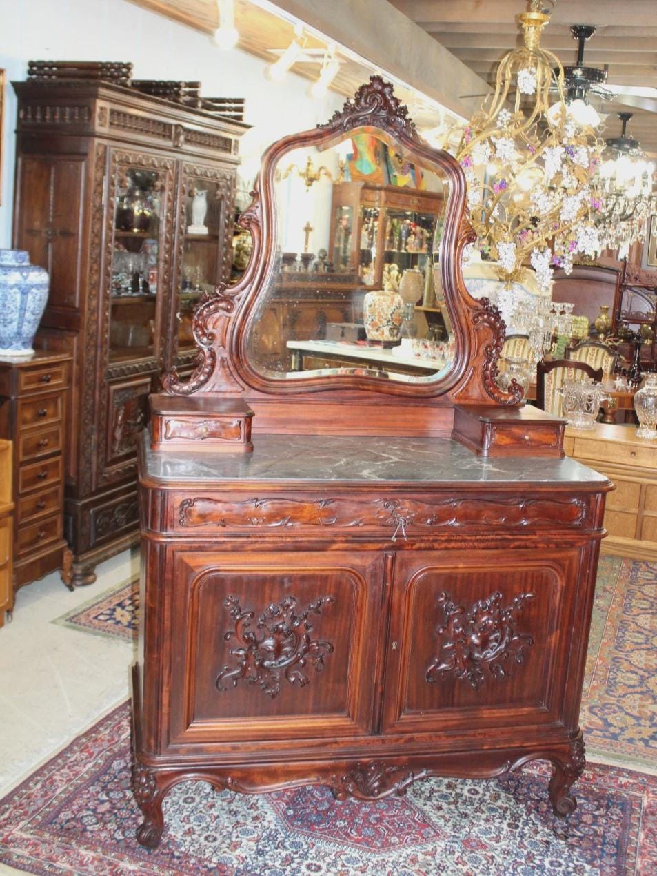 French Louis XV Mahogany Marble Top Dresser / Chest Of Drawer Cabinet