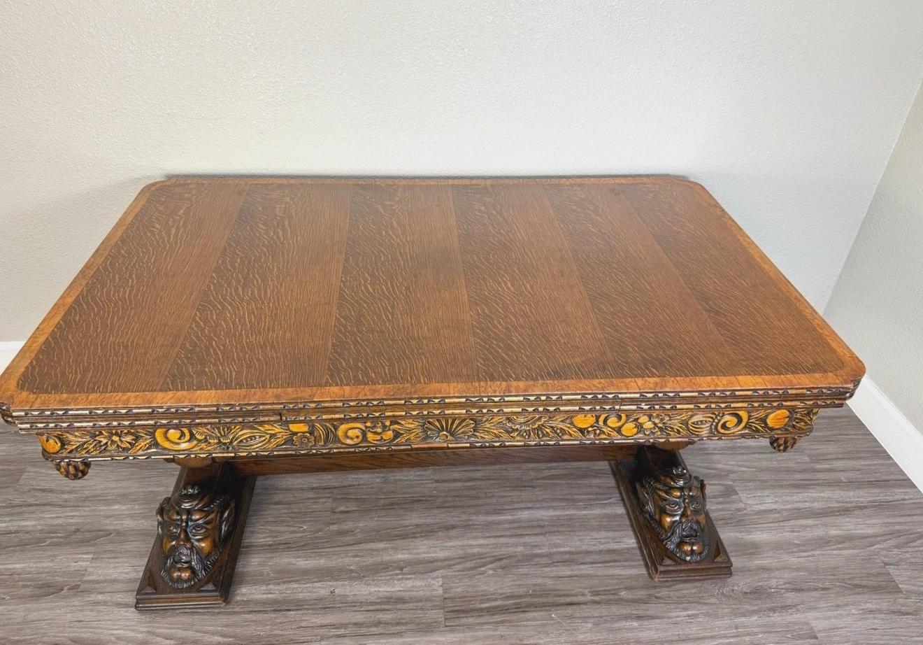 French Antique Art Deco Tiger Oak Draw Leaf Dining Table | Hand-Carved Faces